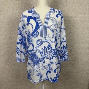 Talbots Top Womens L Blue White Floral Embroidered Split‎ Neck Semi Sheer Blouse